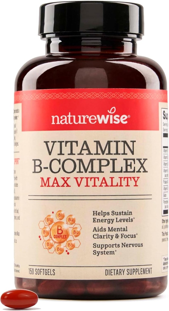 Complexe de vitamine B NatureWise pour les femmes et les hommes - avec biotine à acide folique B1 B2 B3 B6 B12 - Soutien énergie cellulaire et clarté mentale - sans gluten et sans lait, sans OGM - 150 softgels[5-Mois]