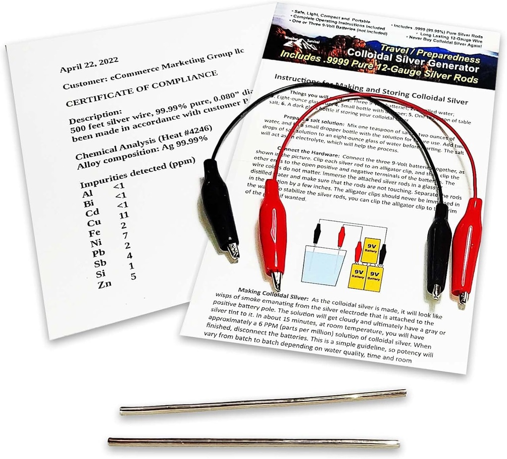 Fil de générateur d'argent colloïdal 99,99 % Pure 12-Gauge (0.08 in./2.06 mm) Ensemble de (2) tiges de 4 pouces + mini/générateur de voyage - Comprend fils + instructions complètes