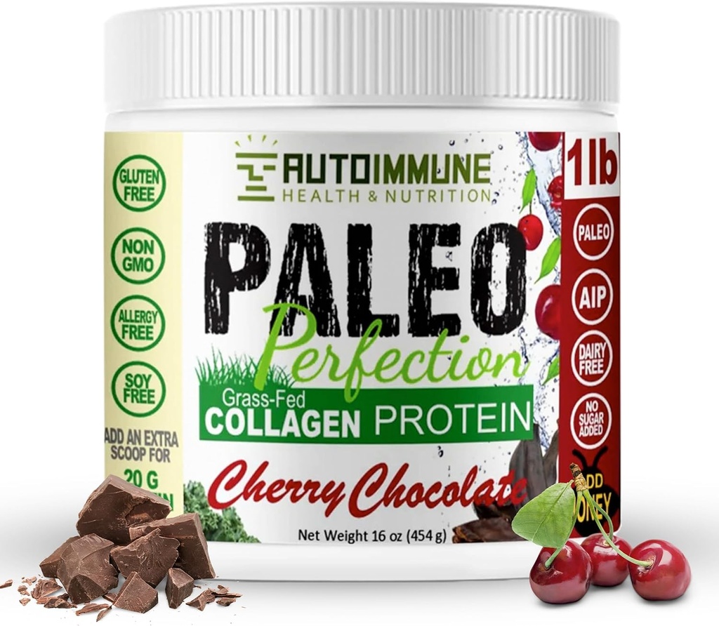 Paléo Perfection Cerise Chocolat Herbacé Fed Boeuf Collagène Protéine Poudre sans Stevia - Paléo, Keto, SCD, AIP Protéine Poudre avec Fibre de pomme, Carotte, Brocoli - 1lb Protéine Poudre et Superfood Blend