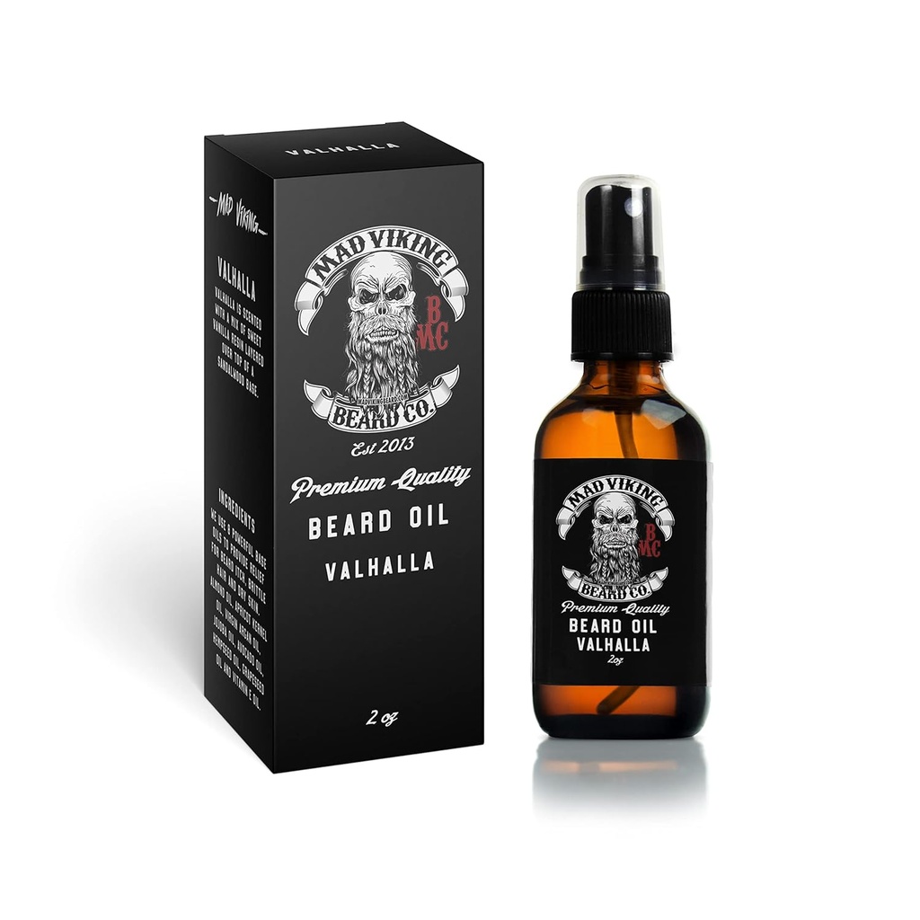 Huile de Barbe de Viking Valhalla - Hydratez, adoucissez et cultivez votre barbe naturellement. Combattez les démangeaisons et les pellicules avec un sandale lisse & parfum de vanille, fabriqué aux États-Unis - 2oz