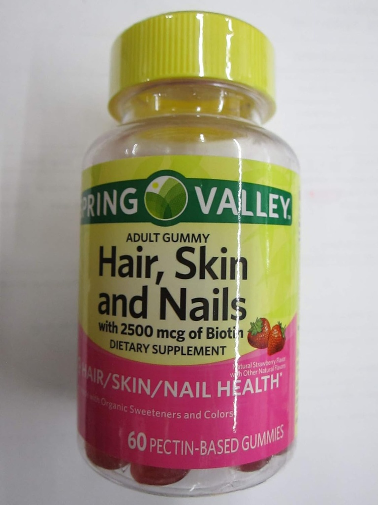 Spring Valley Cheveux adultes, peau, ongles, 2500 mcg Biotine, fraise, 60 glumes (paquet de 2)