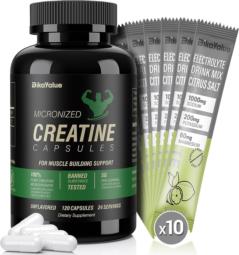 150 gélules de créatine+10 Pack Combinaison d'électrolytes, et 200 gélules de créatine Supplément pour muscles, énergie, récupération, créatine sans gluten pour femmes, hommes