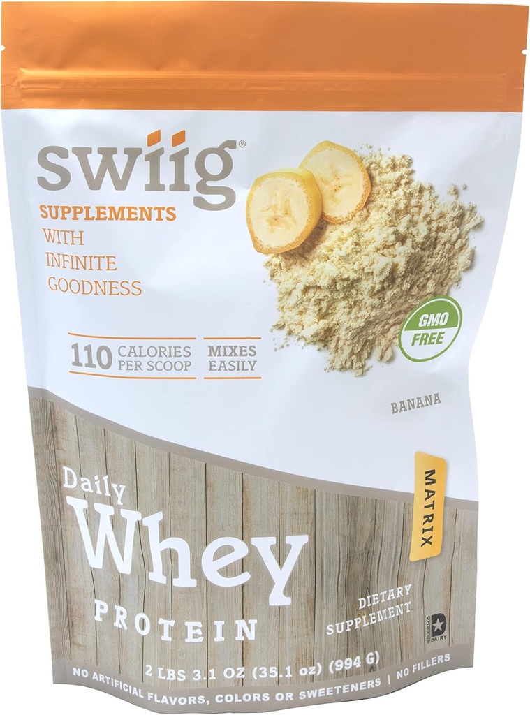 swiig Premium Daily Whey Protein Matrix Banana 2,2 lb – 20g Protéine sans gluten sans OGM Pas de remplissage Pas d'arôme artificiel amélioré avec des acides aminés pour la récupération musculaire Toutes les formules naturelles