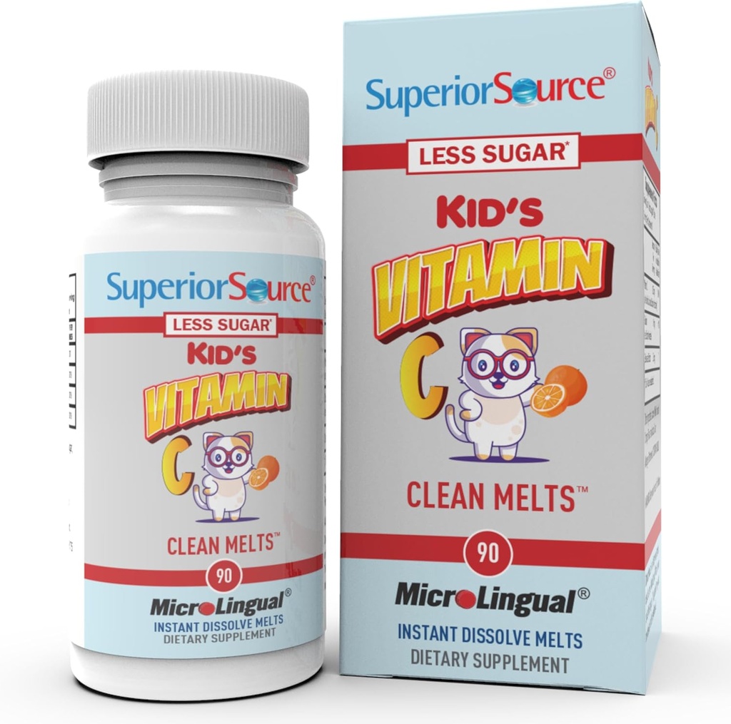 Source supérieure de vitamine C pour les enfants Melts propres - Supplément de soutien immunitaire pour les enfants - Moins de sucre - Non-OGM, sans gluten et sans conservateur - 90 comprimés à diffusion instantanée microLinguale