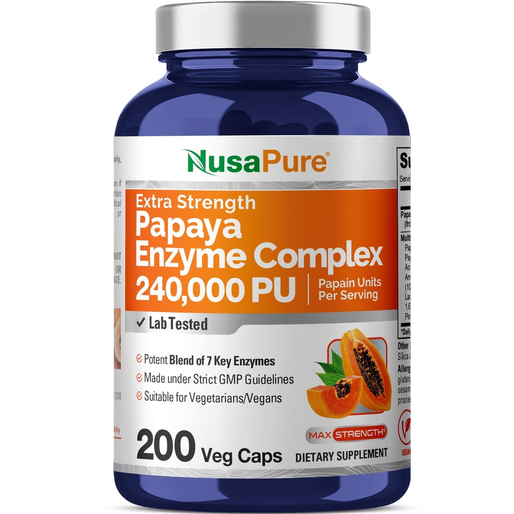 NusaPure Papaya Complexe enzymatique Papaine 240 000 PU - 200 Caps Végétiques - 100% Végétarien, Non-OGM
