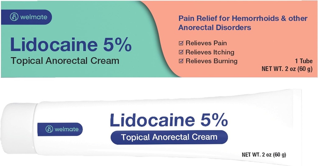 WELMATE - 5% Lidocaine Numbing Cream, 2oz (60g) - Maximum Strength Lidocaine Cream - Hemorrhoid Relief - External Use Anesthetic, Vitamin E - Child Resistant - Topical Skin Care