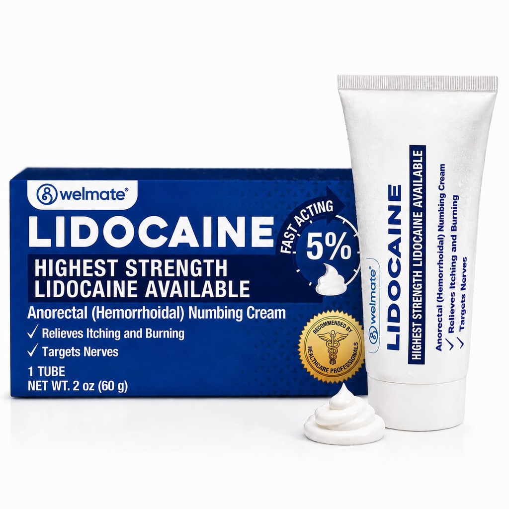 WELMATE - Crème en numération de lidocaïne à 5 %, 2 oz (60 g) - Crème de lidocaïne à force maximale - Soin hémorroïde - Usage externe Anesthésique, vitamine E - Résistant à l'enfant - Soins topiques de la peau