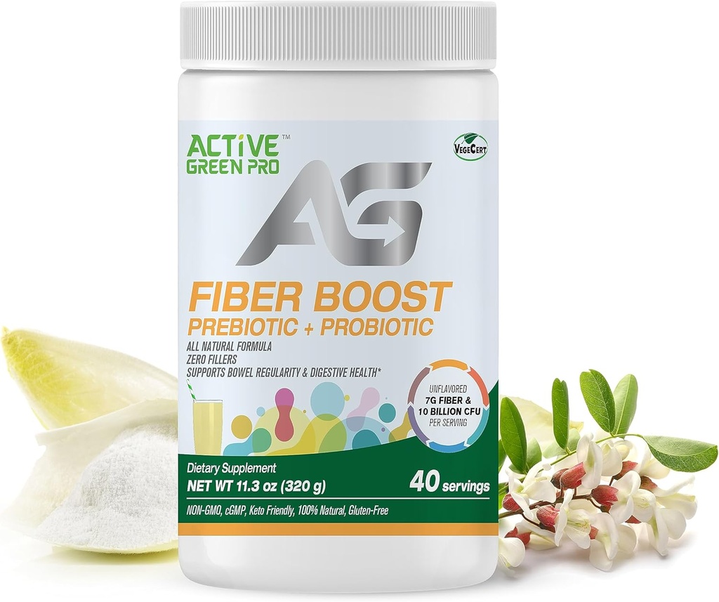 Fibre Boost Prébiotique + Probiotique - Bio - Production d'enzymes et de vitamines - Soutient la régularité du bowel - Santé digestive - Sans saveur - Sans gluten - Sans sucre - 320g/40 portions
