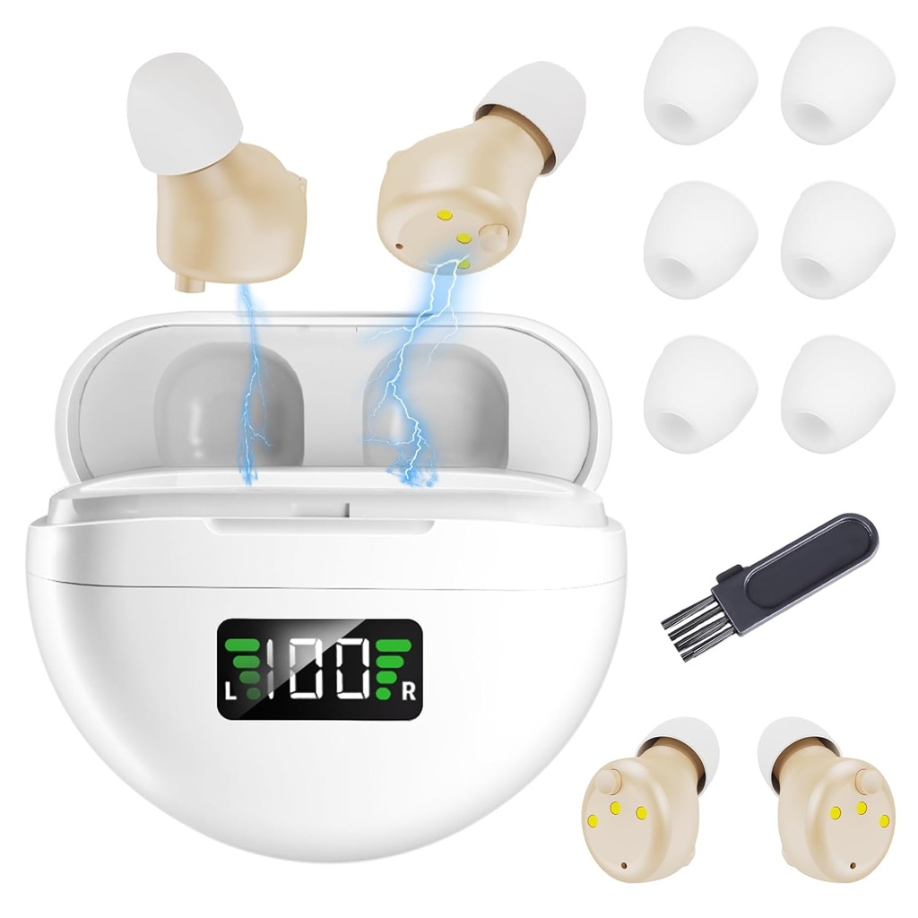 Aides auditives pour les aînés et les adultes - Amplificateurs d'audition rechargeables avec annulation de bruit Aide auditive invisible avec cas de charge portable et contrôle du volume du bouton