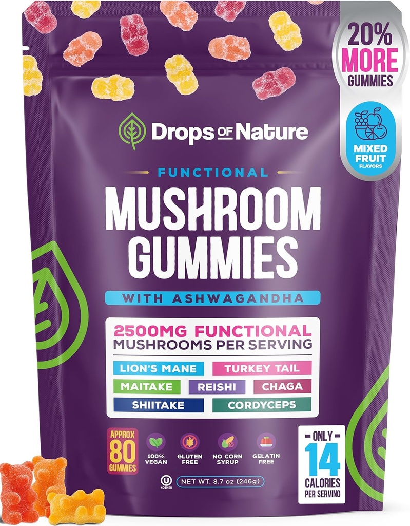 Ashwagandha Gummies and Lions Mane Mushroom Gummies Supplement - Organic - Reishi, Cordyceps, Turkey Tail, Maitake, Shitake, Chaga - Immune Defense, Boosts Cognitive Performance, Vegan, Low Carb
