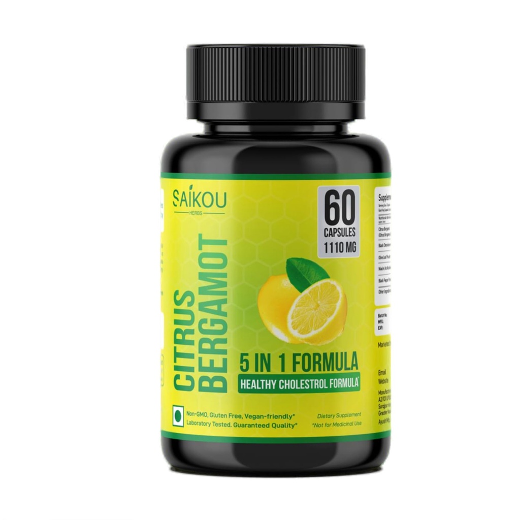 Citrus Bergamot 1110mg - 25:1 Extrait - Supplément de puissance élevée avec noir Choke Berry, Niacine, Olive Leaf & Extrait de poivre noir - Vegan - 60 Capsules
