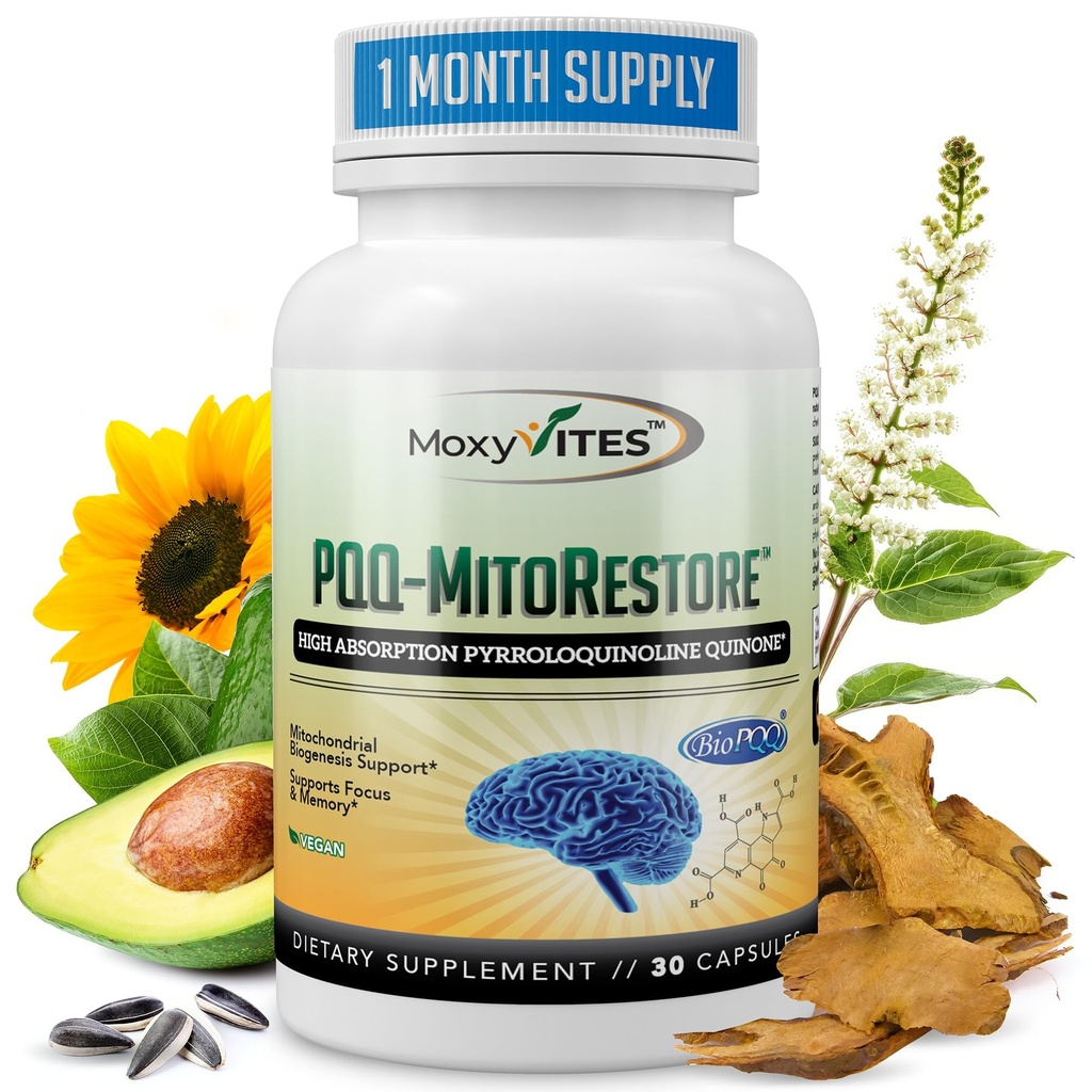 PQQ MITORESTORE Suppléments Cerveaux pour Mémoire et Focus - Supplément Mitochondria avec BioPQQ 20mg - Forme la plus pure NON chimiquement synthétisée, cognitive et cardiaque - 30 Capsules Vegan, non OGM