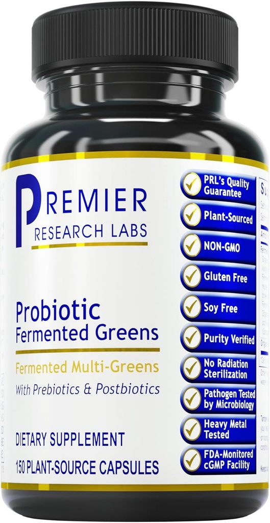 Premier Research Labs Probiotique Fermented Greens - Supplément Super Greens, Superfood Blend, Vitamines organiques avec Probiotique - Verts quotidiens avec épinards, Chlorella, et plus - 150 capsules remplies de poudre