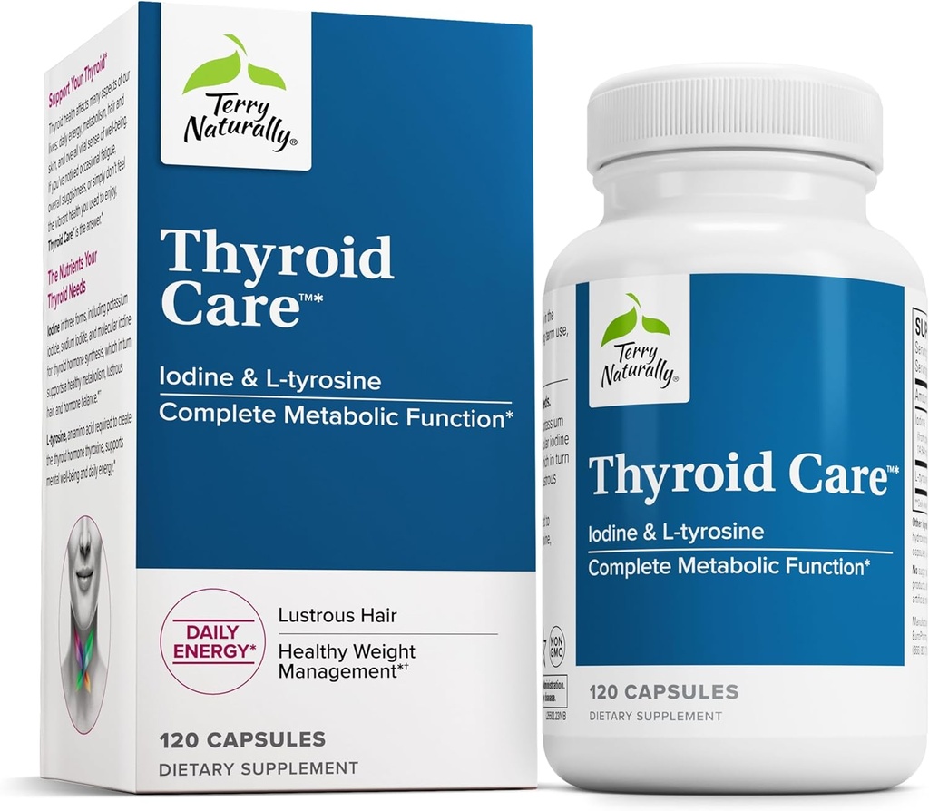 Terry Naturally Thyroïde Care - Immune Health & Energy Support Formula - Supplément nutritionnel avec Iodine pour Thyroïde Health Support - Supplément Wellness avec L-Tyrosine - 120 Capsules