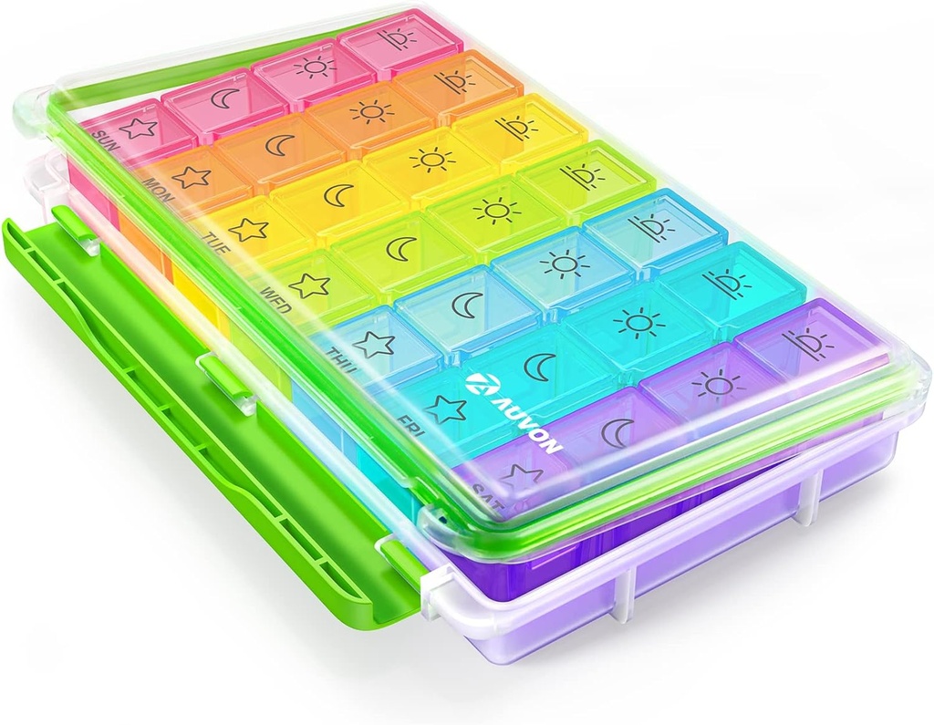AUVON iMedassist Hydraure-Proof Weekly Pill Organizer 4 fois par jour, grand boîtier à pilules de 7 jours avec un design portable pour le voyage, conteneurs individuels amovibles tenir des vitamines, suppléments, médicaments