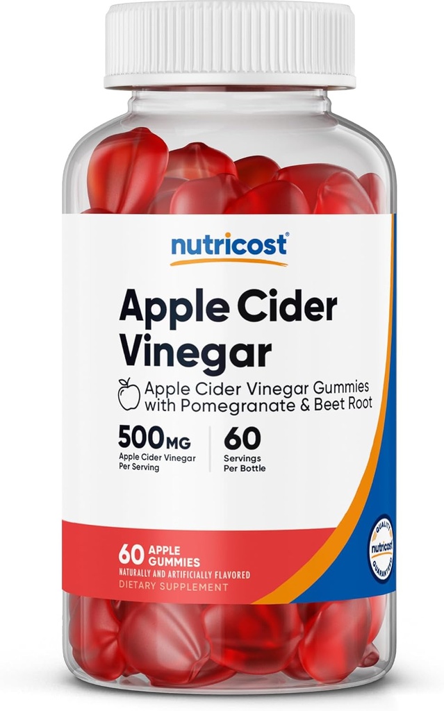 Vinaigre de cidre de pomme Nutricost 500mg, 60 gommies, aromatisé aux pommes - sans gluten, sans OGM, sans sirop de maïs
