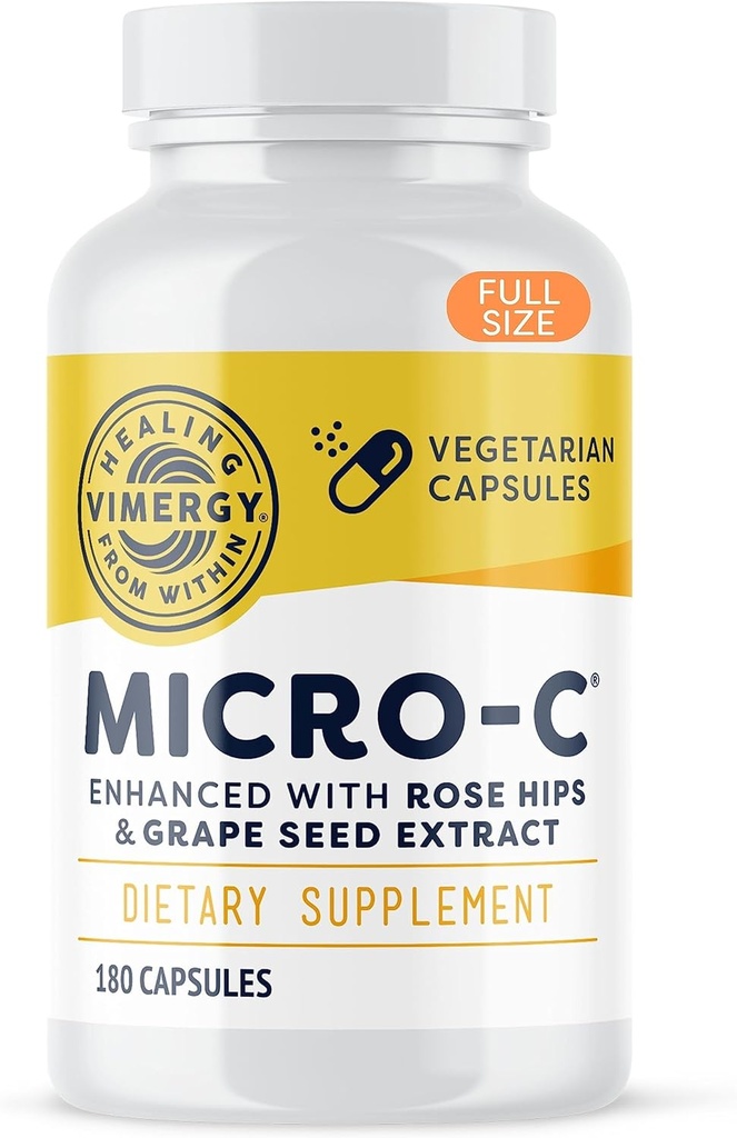 Vimergy Micro-C® Capsules de vitamine C – 500mg par gélule, soutient la santé immunitaire*, favorise la production de collagène, soutient les os sains*, casher, végétalien et sans gluten, taille régulière 180 capsules