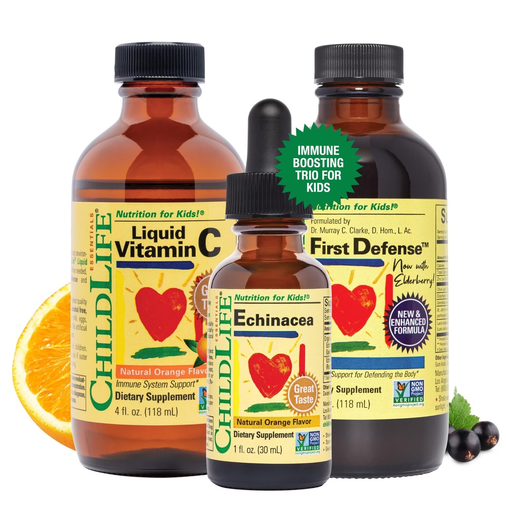 ENFANT ESSENTIELS Immune Support 3-Pack - Vitamine C liquide, première défense, et Echinacea - Suppléments d'amélioration immunitaire pour les nourrissons, les tout-petits et les enfants