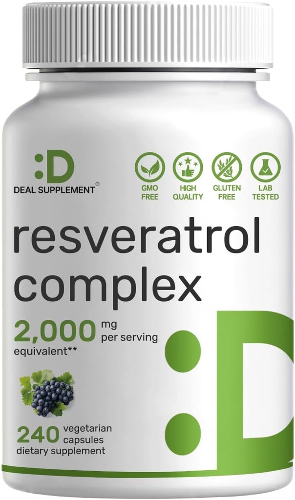 Complexe Resveratrol 2 000mg, 240 Capsules de Véggie – Trans-Resveratrol Extra Strength avec NAD, Quercetin, Curcumine, Graines de raisin et plus – Antioxydant pour le vieillissement sain pour l'énergie et le soutien du cerveau