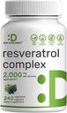 Complexe Resveratrol 2 000mg, 240 Capsules de Véggie – Trans-Resveratrol Extra Strength avec NAD, Quercetin, Curcumine, Graines de raisin et plus – Antioxydant pour le vieillissement sain pour l'énergie et le soutien du cerveau