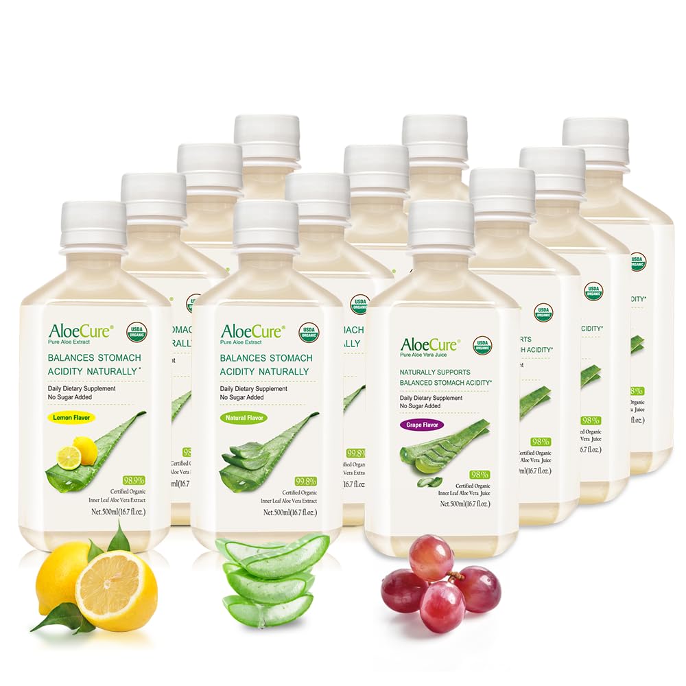 AloeCure Bio Aloe Vera Jus - 12 flacons d'échantillons - raisin, citron, saveur naturelle, 12x500ml