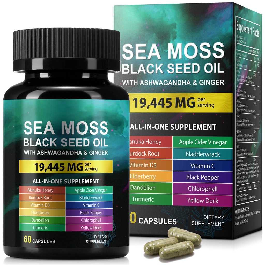 Mousse de mer Huile de graines noires Gingembre d'Ashwagandha, supplément de la capsule de mousse de mer avec la racine de l'ardoise curcuma Bladderwrack Vitamine C Vitamine D3 Amélioration de l'immunité et de l'énergie Capsule d'huile de graines noires 60 Compte