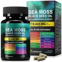 Mousse de mer Huile de graines noires Gingembre d'Ashwagandha, supplément de la capsule de mousse de mer avec la racine de l'ardoise curcuma Bladderwrack Vitamine C Vitamine D3 Amélioration de l'immunité et de l'énergie Capsule d'huile de graines noires 60 Compte