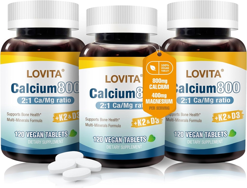 Lovita Calcium Citrate 800 mg avec Magnésium, Vitamine D3 & K2, Supplément Bone Strength & Density pour les femmes et les hommes, soutient les dents, la santé immunitaire, sans gluten, non-OGM, 360 comprimés végétaliens