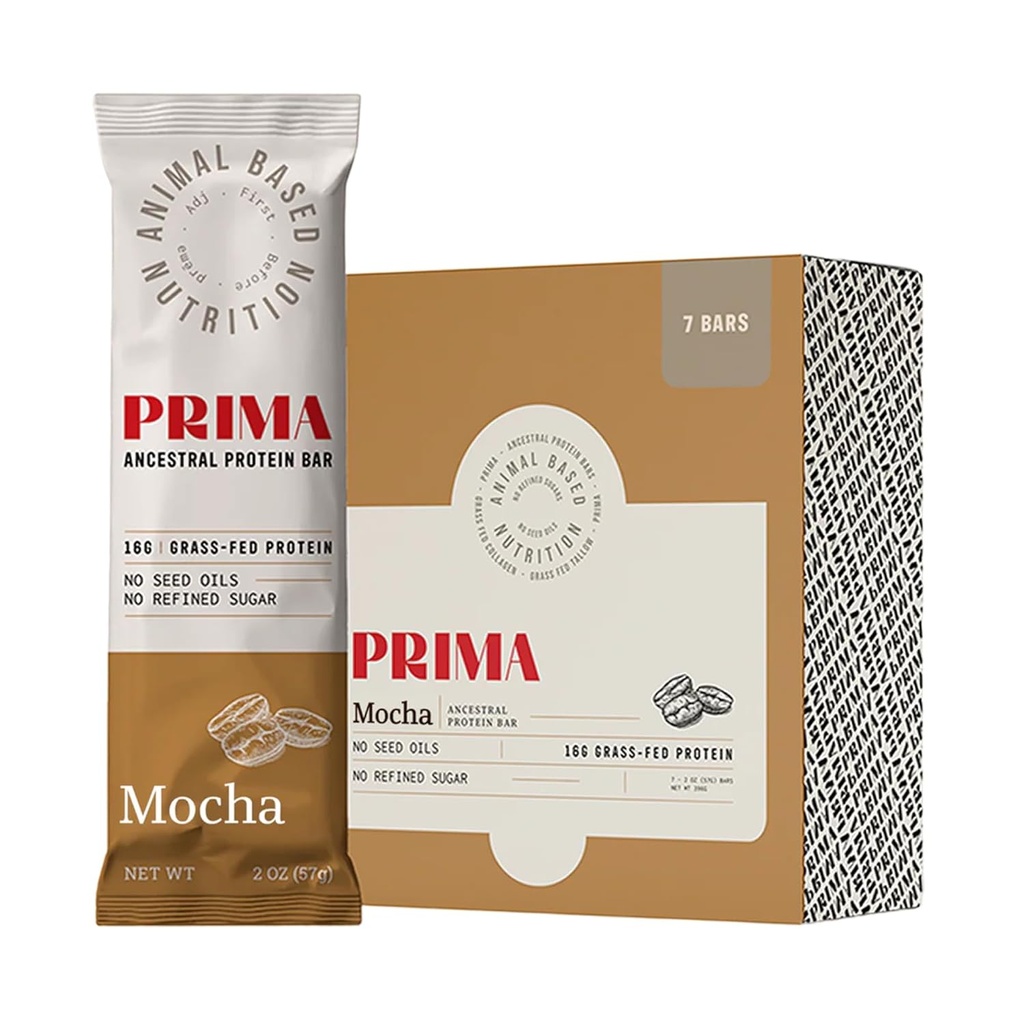 PRIMA ANCESTRAL PROTEIN BAR Barres protéinées à base de graminées, 7 paquets – Barre protéinée à base d'animaux avec suif de boeuf, miel cru, sans huile de graines, faible teneur en glucides, sans gluten – collations saines et énergétiques pour un mode de vie propre (7 paquets, Mocha)