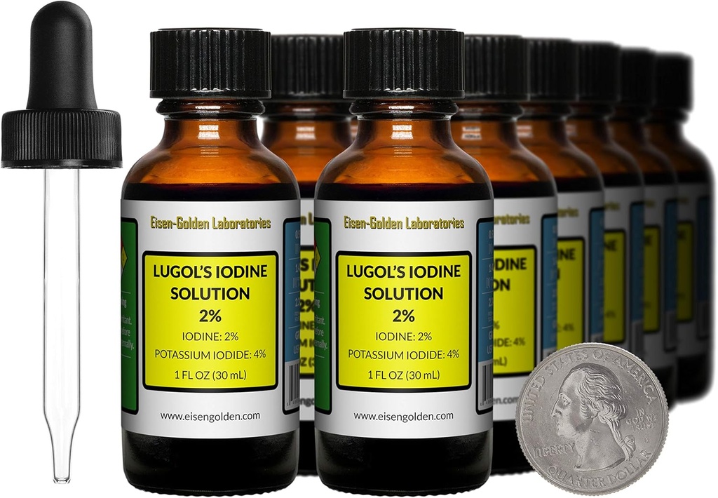 L'iode de Lugol / Solution de 2% / 12 Oz dans 12 bouteilles en verre ambre / gouttes libres / États-Unis