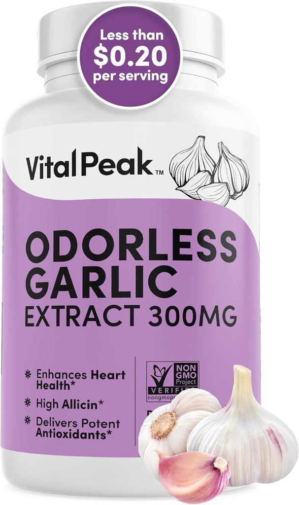 Extrait d'ail odorless - Suppléments d'ail à base de plantes de 300 mg d'allicine pour le coeur, le foie et l'immune Soutien I sans OGM, sans gluten, végétalien - 90 capsules d'ail
