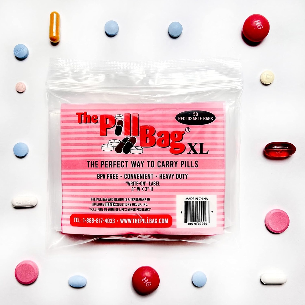 Organisateur de pilules de médecine, Etiquettes pour AM/PM, Resealable, Portable, Jetable Pouches pour la médecine, Vitamines, Gummies, Sacs à pilules en plastique pour le voyage, Promenades XL Taille=100 Nombre (2 Packs de 50)