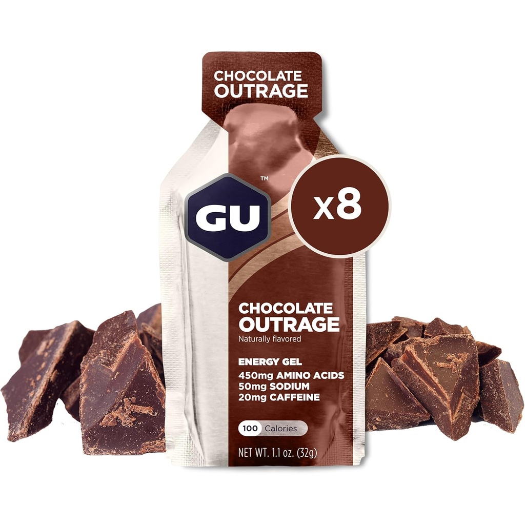 GU Energy Original Sports Nutrition Energy Gel, Vegan, Gluten-Free, 8-Count Tri-Berry and Chocolate Outrage Flavors with Amino Acids and Electrolytes
