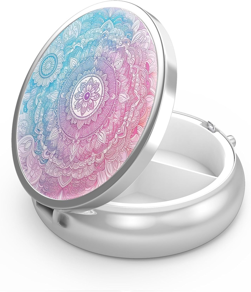 Pill Box 3 Compartiment petit cas de pilule, Portable pour Pocket ou Purse Pill Organizer Porte-conteneur de pilule pour tenir les vitamines, médicaments, huile de poisson et suppléments (Mandala Bright)