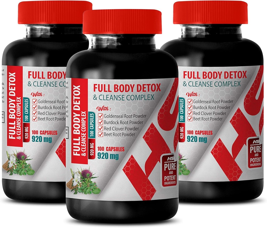 Supplément de désintoxication du corps - Détox du corps complet et complexe de nettoyage 920 MG - formule de trèfle rouge - 3 bouteilles 300 capsules
