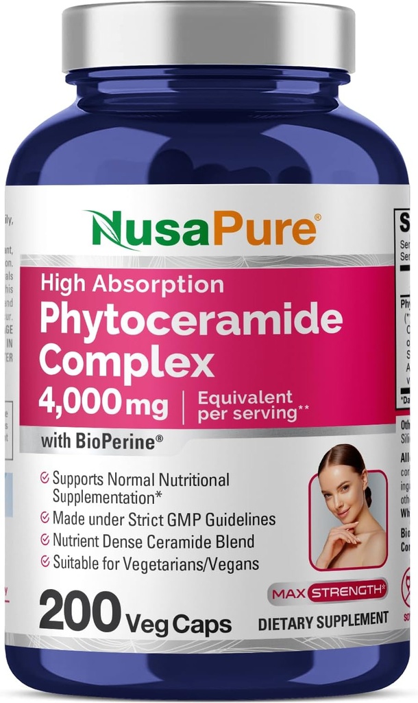 NusaPure Phytocéramide Complexe 10:1 Extrait, 1030 mg équivalent à 4000 mg 200 Capsules de Véggie (non-OGM) Biopérine