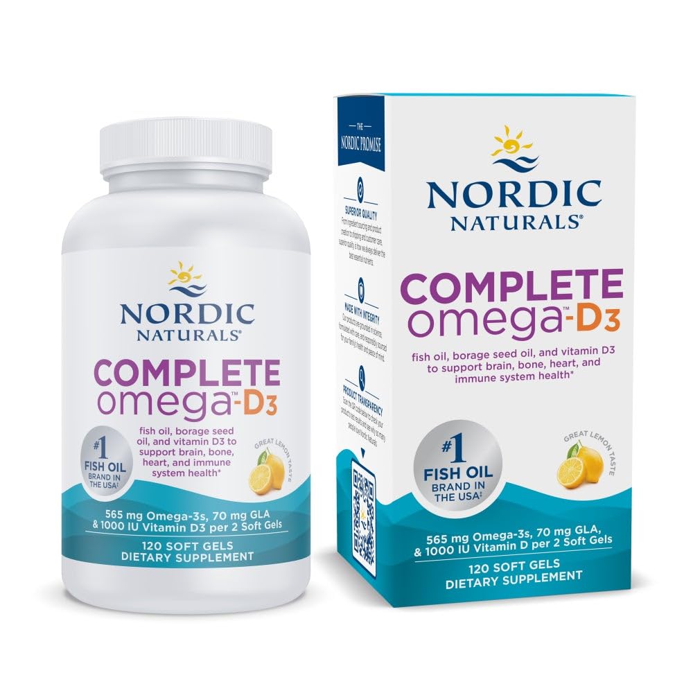 Nordic Naturals Complete Omega-D3, Saveur de citron - 120 gels mous - 565 mg Omega-3 + 70 mg GLA + 1000 UI Vitamine D3 - EPA & DHA - Peau saine, cognition, humeur positive - Non-OGM - 60 portions