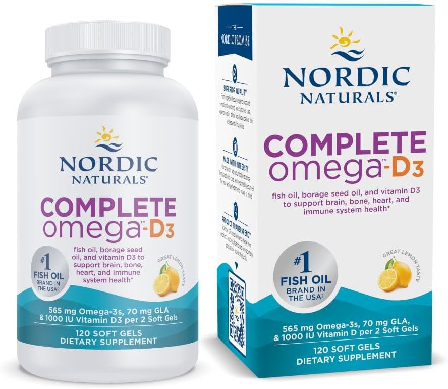 Nordic Naturals Complete Omega-D3, Saveur de citron - 120 gels mous - 565 mg Omega-3 + 70 mg GLA + 1000 UI Vitamine D3 - EPA & DHA - Peau saine, cognition, humeur positive - Non-OGM - 60 portions