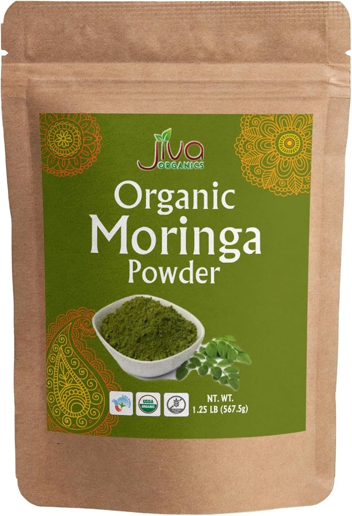 Jiva Organics Moringa Poudre 1,25LB Sac en vrac - Moringa Oleifera Poudre de feuille - Idéal pour les cheveux, riche en vitamine immune, Great Superfoods pour Moringa Tea, Moringa Drink, Inde Grown, Vegan