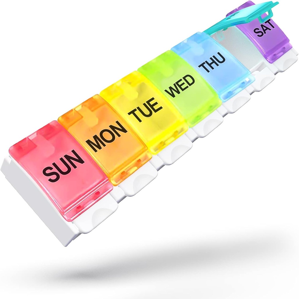 Sukuos Grand organisateur hebdomadaire de pilules 7 jours, boîte à pilules quotidienne avec cas de pilule portable bouton poussoir facile pour la médecine/vitamine/huile de poisson/compléments, titulaire de médicaments (Rainbow)
