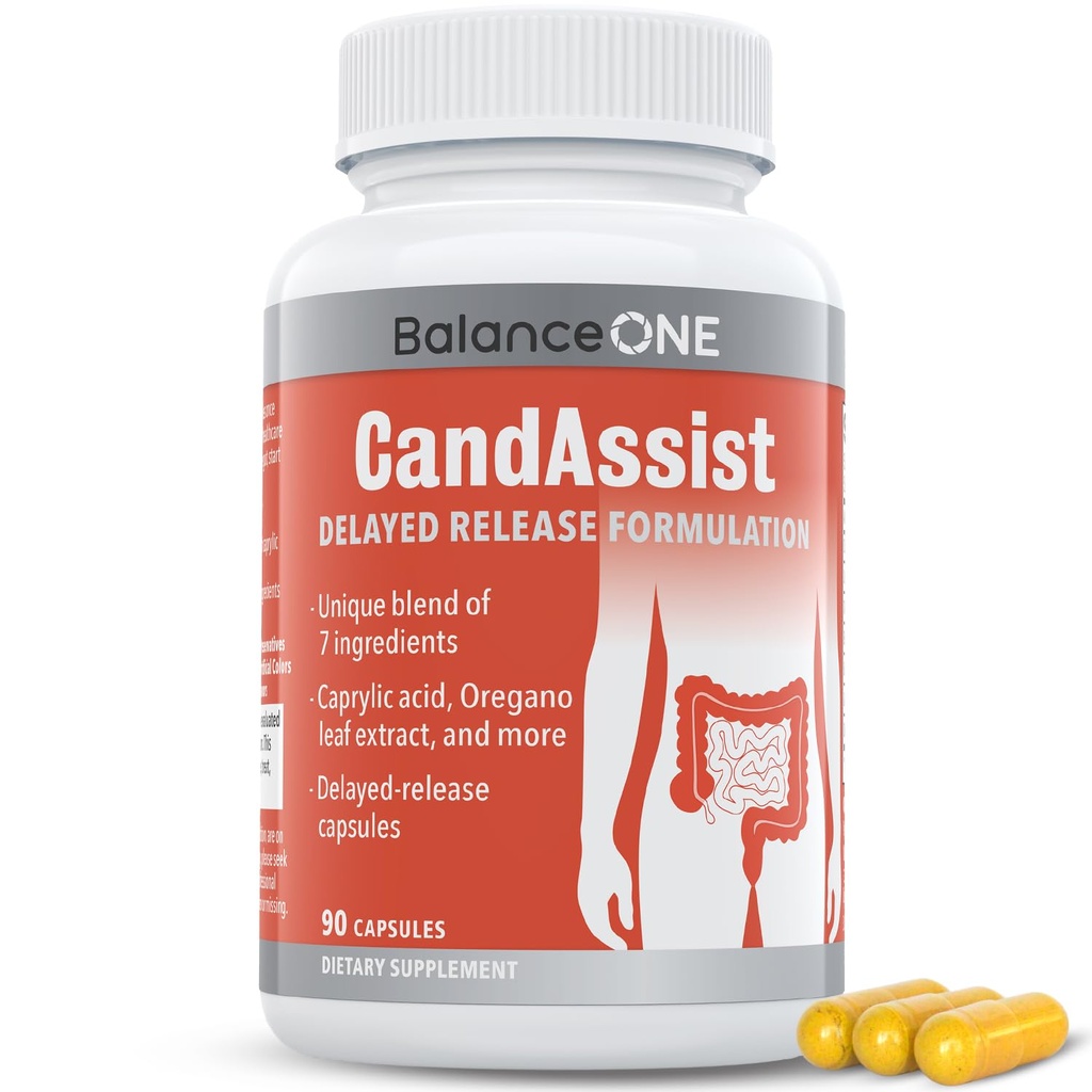Balance ONE Candida Support avec Acid Caprylique, Berberine & Oregano Leaf Extract – Soutient l'équilibre des levures et de la fleur de Gut – Capsules de libération différée, 1 mois d'approvisionnement, pour les femmes et les hommes – CandAssist