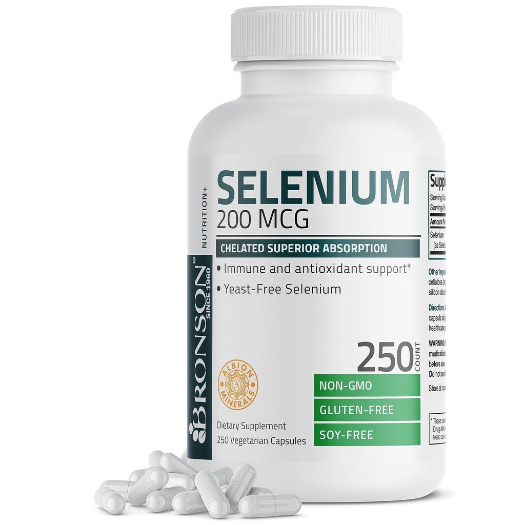 Bronson Sélénium 200 mcg – Complexe acide amino chélaté sans levure - Trace minéral essentiel avec absorption supérieure, 250 capsules végétariennes