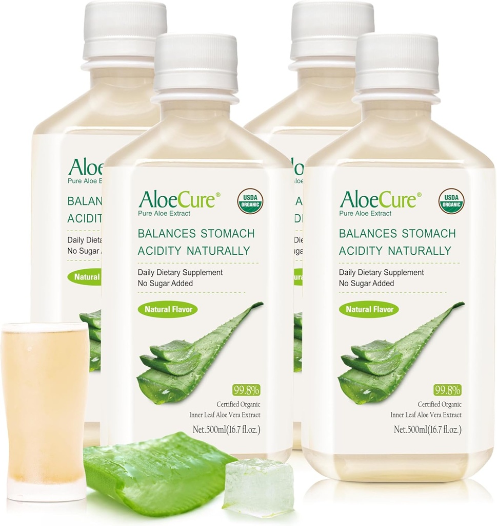 AloeCure USDA Bio Aloe Vera Juice fabriqué dans les 12 heures de la récolte - Pure Aloe Juice supplément digestif naturel pour soutenir la digestion, le système immunitaire et l'acidité équilibrée de l'estomac, 4 x 500ml bouteilles