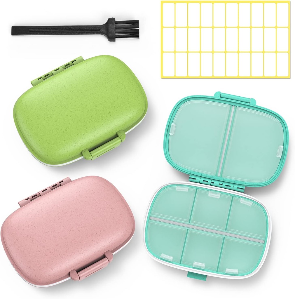 3 Pack 8 Compartiments Travel Pill Box,Pill Organizer 7 jours Preuve d'humidité Petit cas de pilule pour la purse de poche quotidien Portable médicament contenant un contenant de vitamine (Pink+Blue+Green)