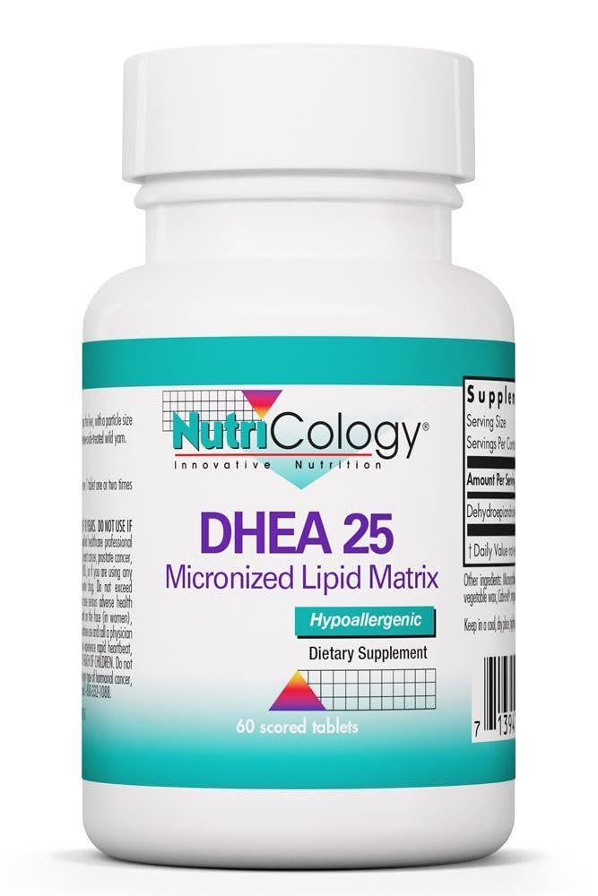 Nutricologie Supplément DHEA 25mg - Micronized Lipid Matrix, Hormone Support, Support pour les femmes et les hommes, Hypoallergénique, Sans soja, Comprimés notés - 60 Compte