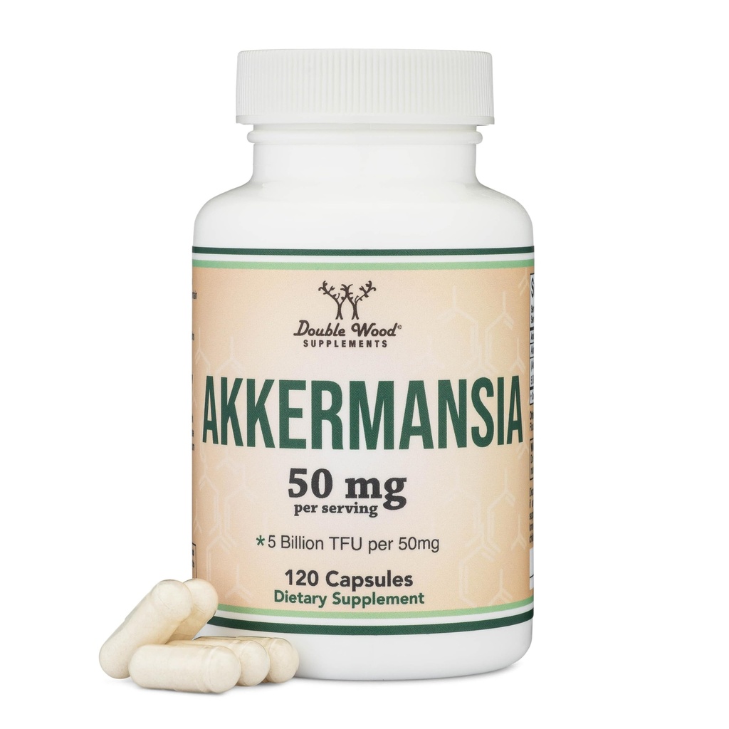 Akkermansia Probiotique et postbiotique (Augmentation de la production GLP-1) 120 capsules, 50mg par portion (Troisième partie testée à 5 milliards d'UFT par portion, 50 milliards d'UFC par gramme) par Double Wood