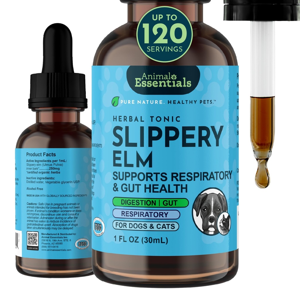 Essentials Animaux Elm Slippery - Slippery Elm Bark Anti Diarrhée gouttes pour les chiens et les chats, Extrait de plantes biologiques pour la santé Gut, le soutien digestif et la gorge, aide le reflux acide, Formule liquide- 1 fl oz