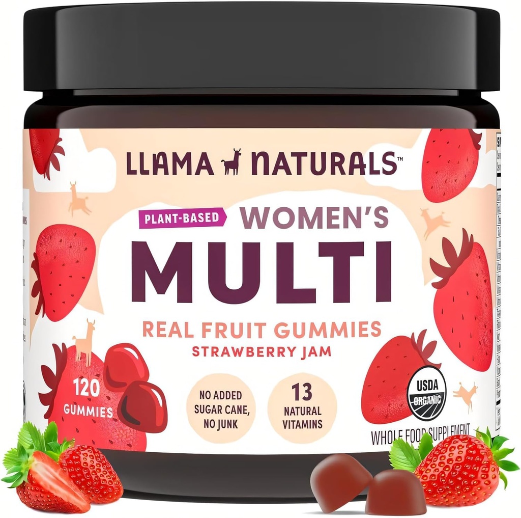 Lama Naturals Multivitamine pour les femmes, Végétaliens, Gommies organiques avec vitamine D, C et K, Vitamines Gommy de fruits réels pour les femmes, Supplément de multivitamines à croquer, Pas d'ajout de canne à sucre, Fraise, 120 Ct