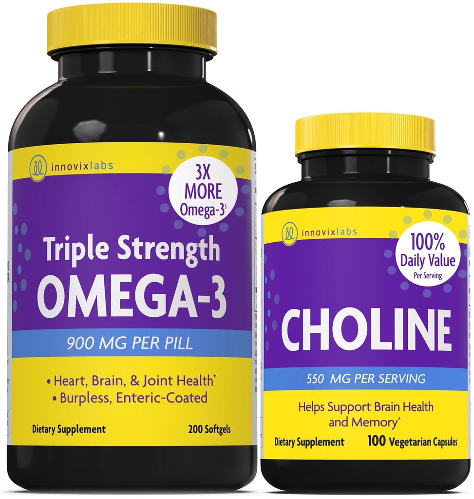InnovixLabs Choline & Triple Omega-3 Bitartrate de Choline 550mg (100 Capsules) Triple Strength Omega (200 Softgels). Soutient la mémoire, l'humeur, la santé cérébrale et le renforcement cognitif.*