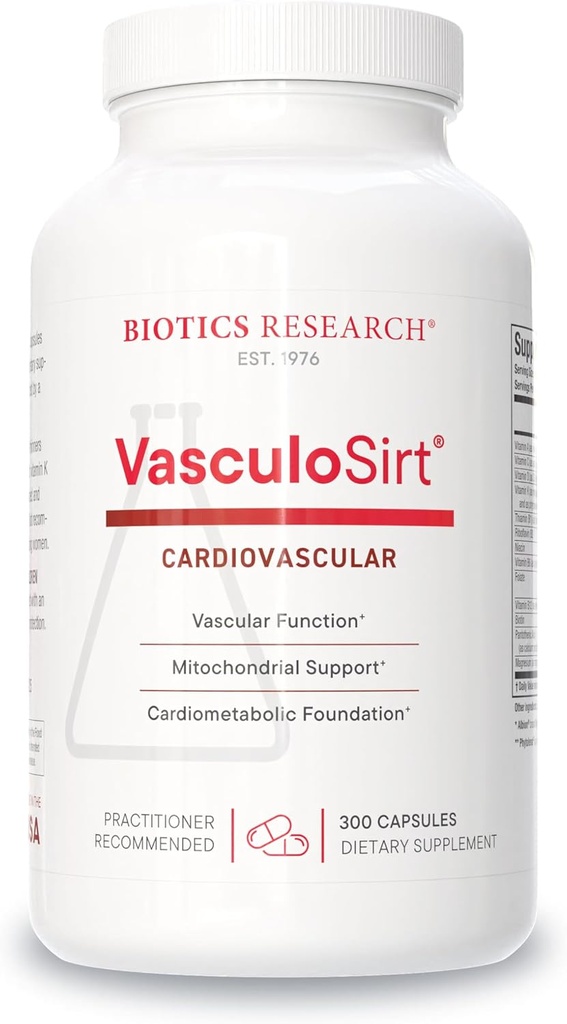 Recherche en biotique VasculoSirt®– Formulé avec l'aide de Mark Houston, MD, Soutien cardiovasculaire et sain pour un flux sanguin sain, CoQ10, Resveratrol, ALA, Ginkgo - 300 capsules